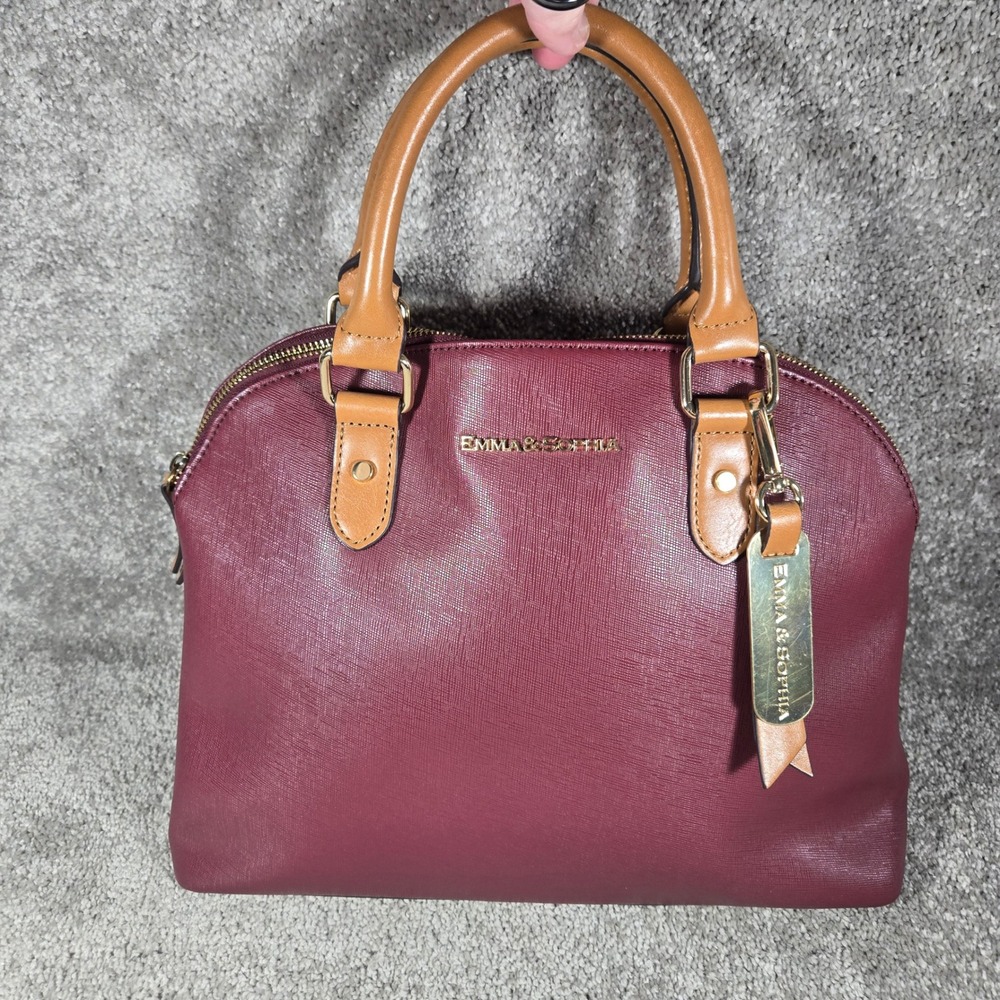 Emma & Sophia Satchel Burgundy Tan Faux Leather Dome Bag Women Medium